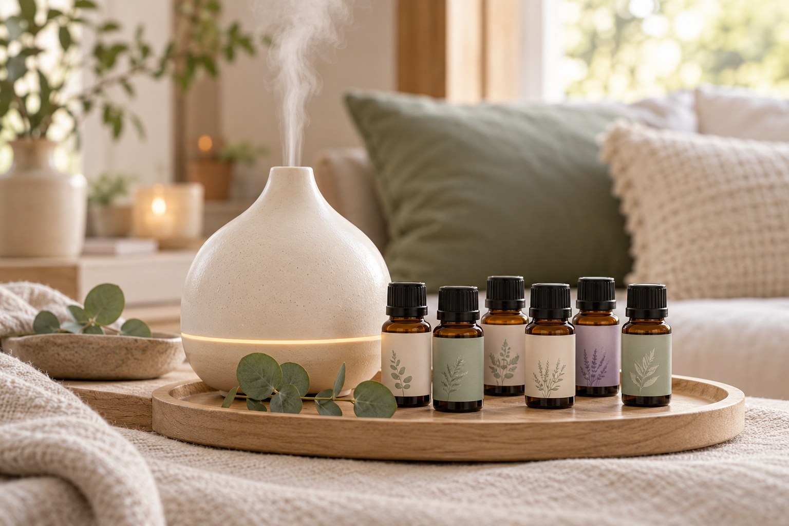 Cremefarbener Diffuser mit feinem Duftnebel und neutralen Ölfläschchen auf einem Holztablett