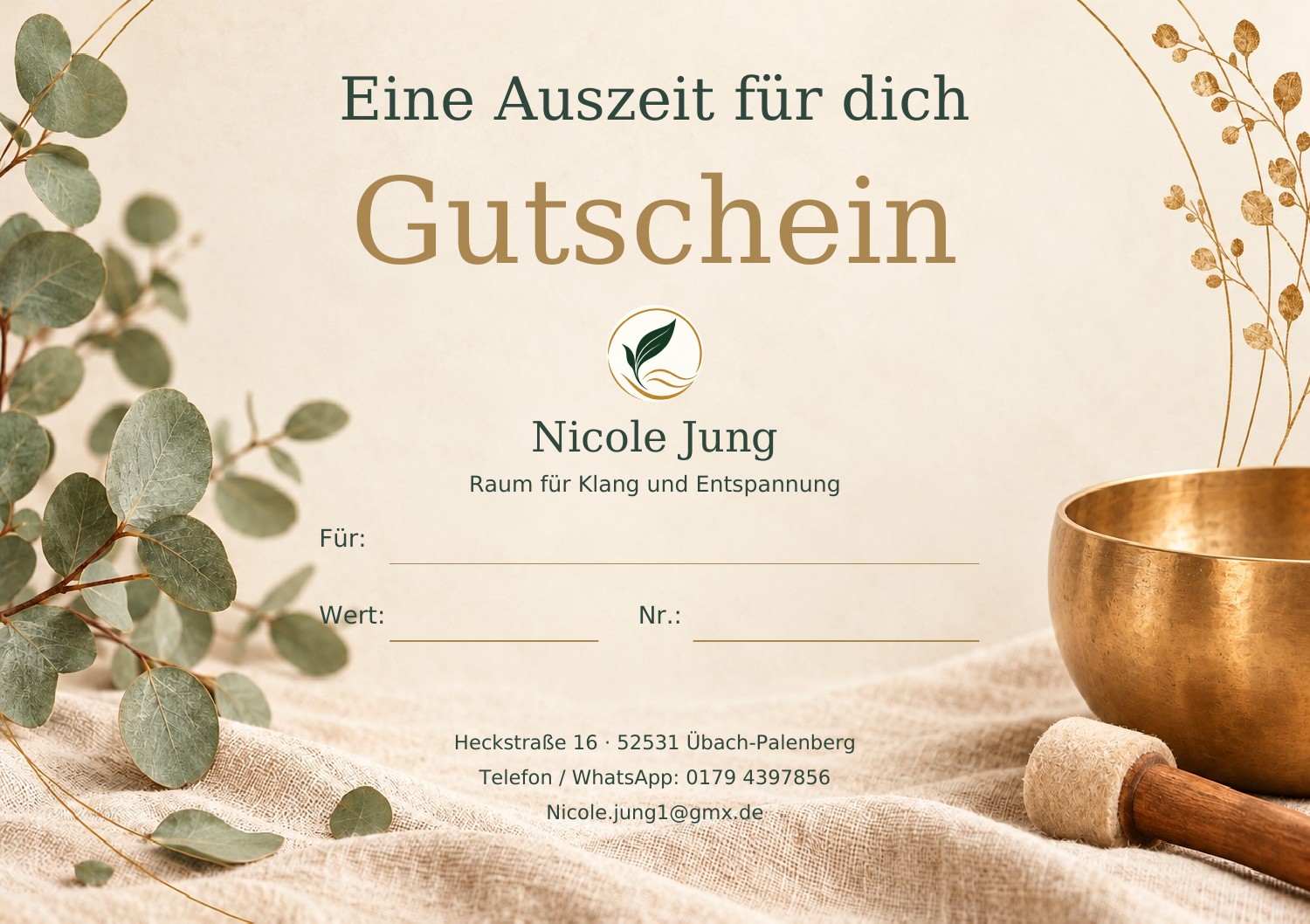 Gutscheinmotiv Auszeit mit durchgehendem Hintergrund, Logo und Kontaktdaten