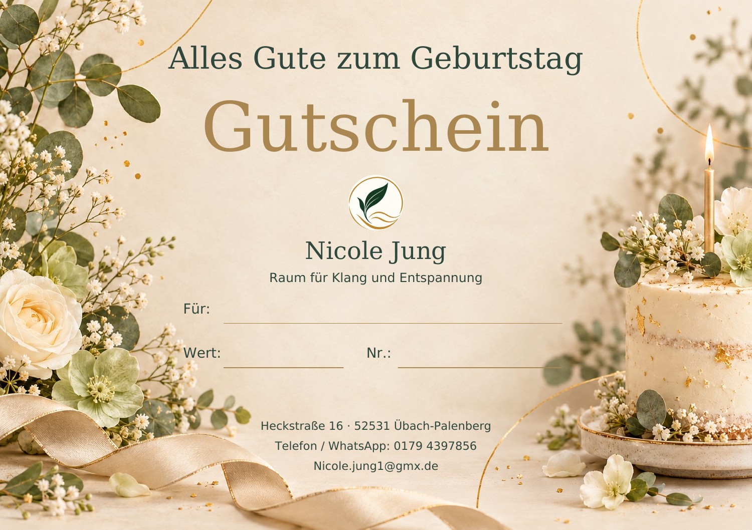 Gutscheinmotiv Geburtstag mit durchgehendem Hintergrund, Logo und Kontaktdaten