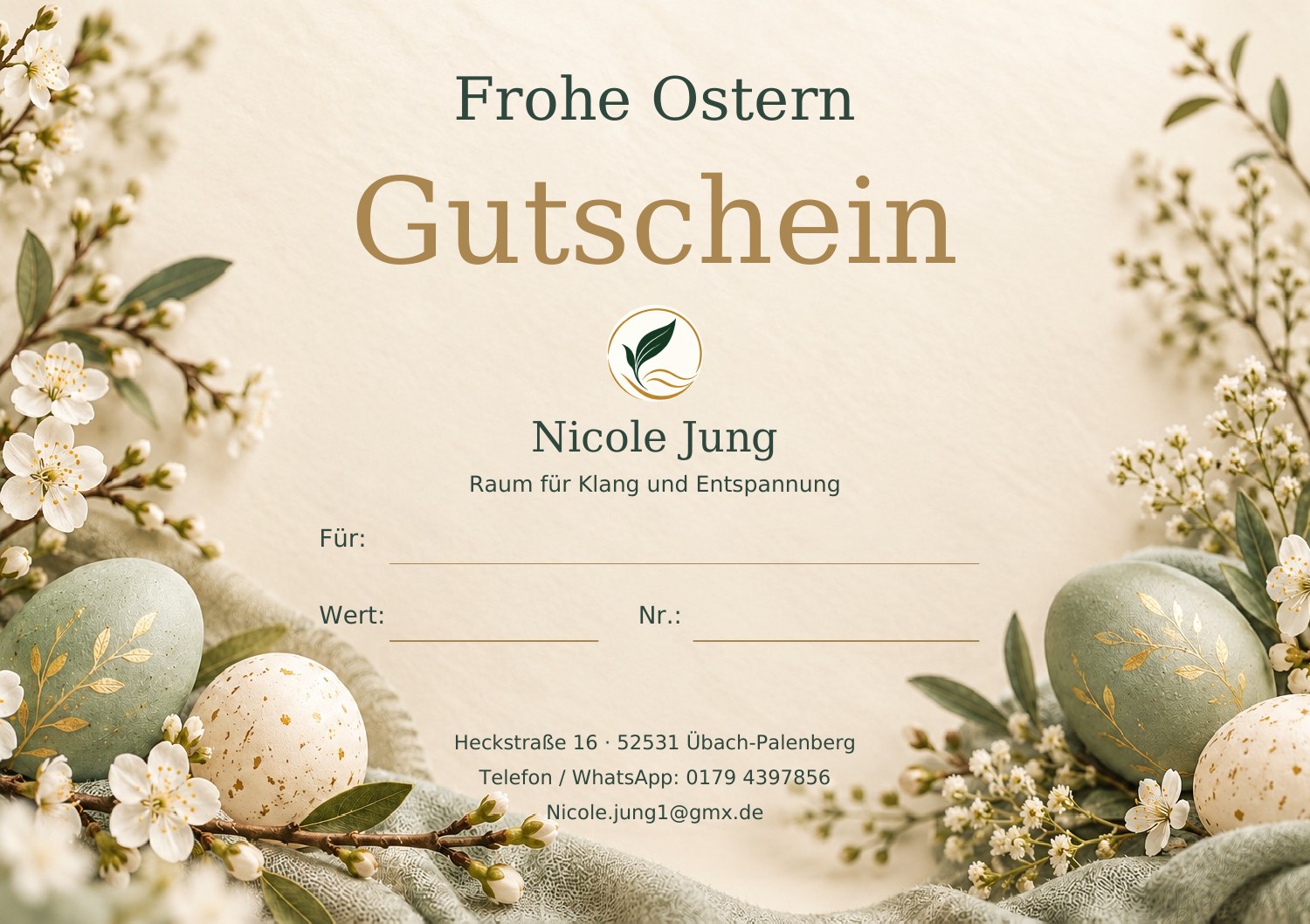 Gutscheinmotiv Ostern mit durchgehendem Hintergrund, Logo und Kontaktdaten