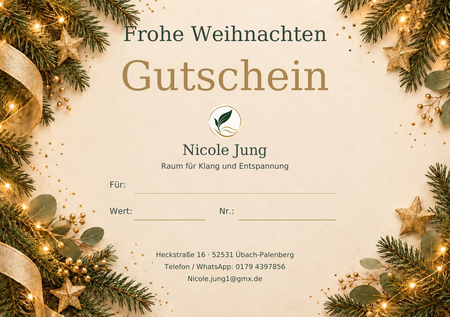 Gutscheinmotiv Weihnachten mit durchgehendem Hintergrund, Logo und Kontaktdaten